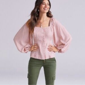 CAbi #5890 Striped Puff Sleeve Carnival Top Sz L